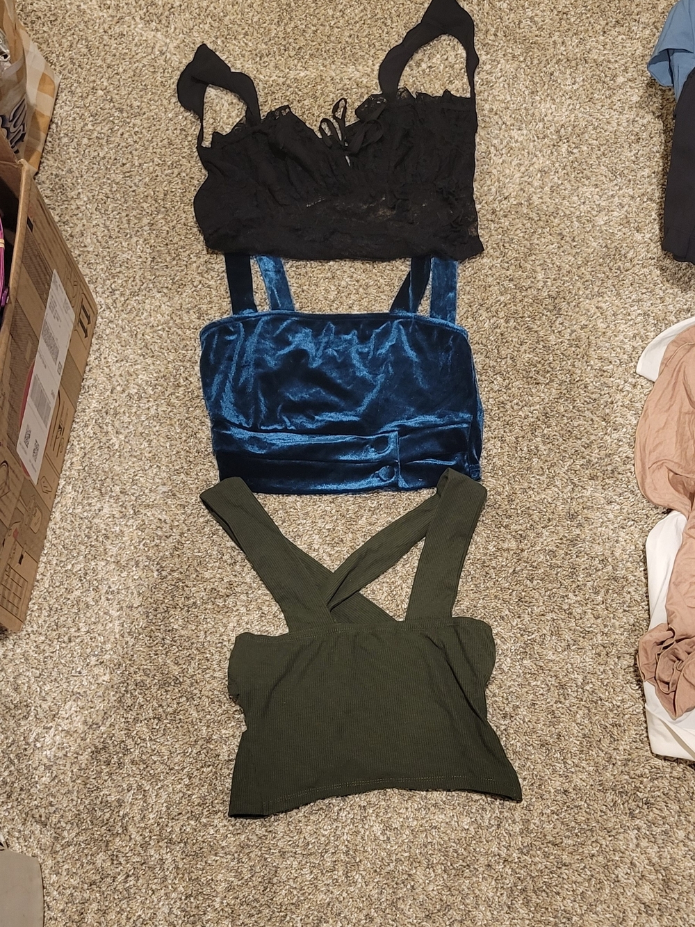Cider Black Lace Bralette, Blue Velvet Crop Top & Olive Cross-Back Ribbed Tank
